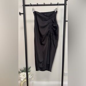 Forever 21 Black Satin Ruched Midi Skirt | Adjustable Slit | Y2K | Size S